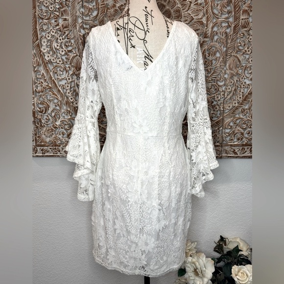 Lulus Allure 'Em In White Lace Bell Sleeve Bodycon Boho Fairycore Mini Dress - Picture 3 of 16